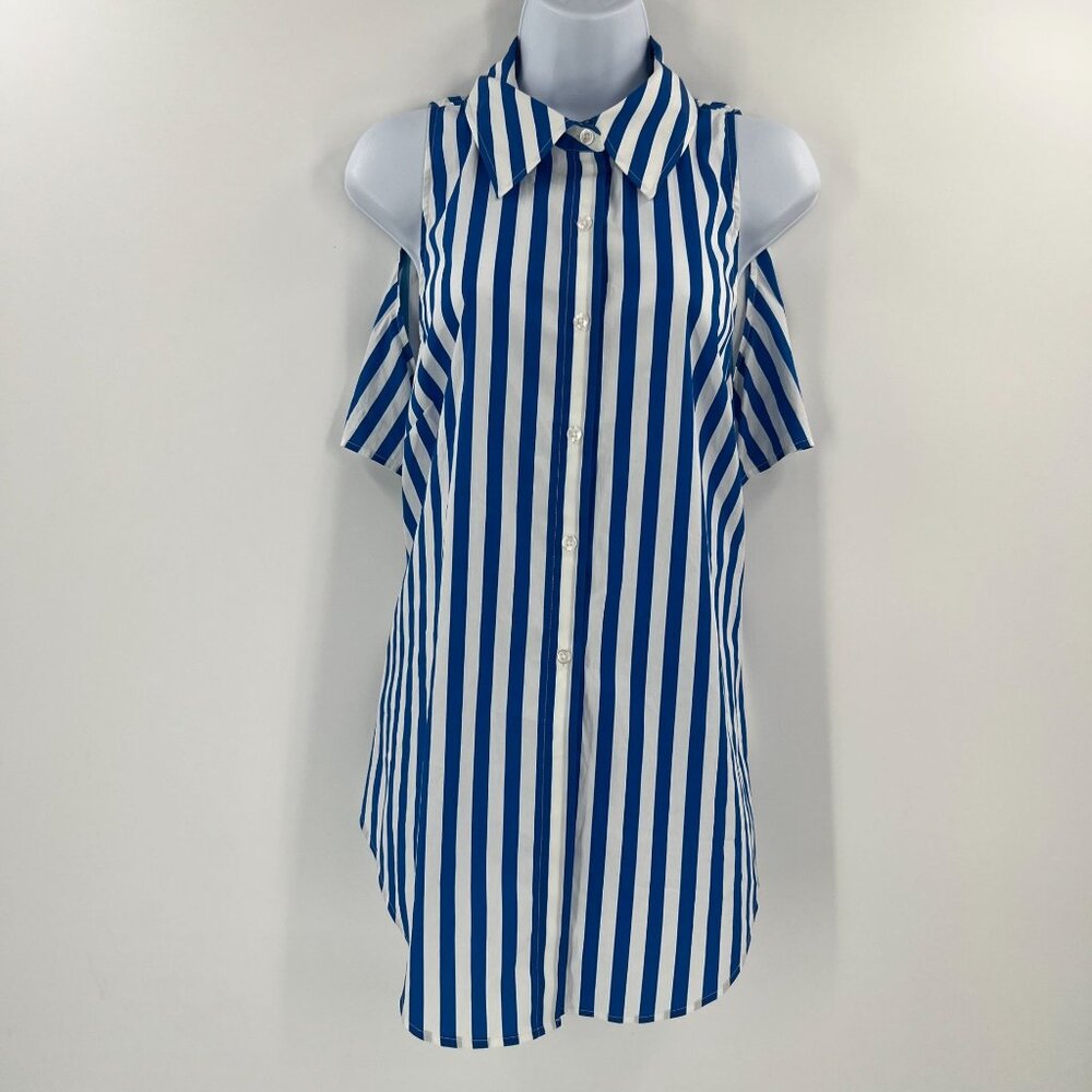Simon Miller Blue and White Striped Cold-Shoulder Button-Down Shirt